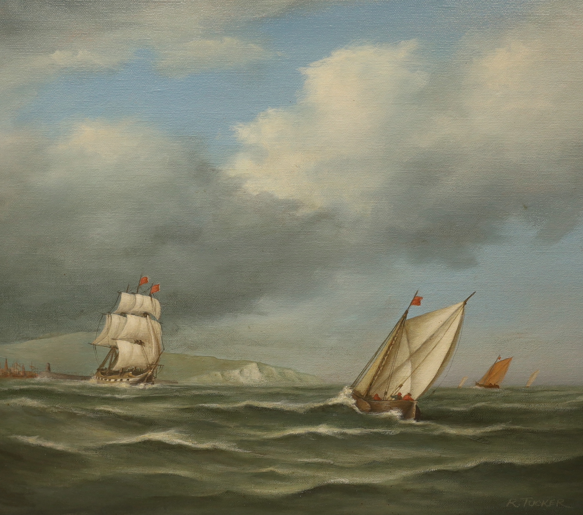 Robert Tucker of Sussex, a pair of oils on board, Shipping off the coast, signed, each 43cm x 38cm